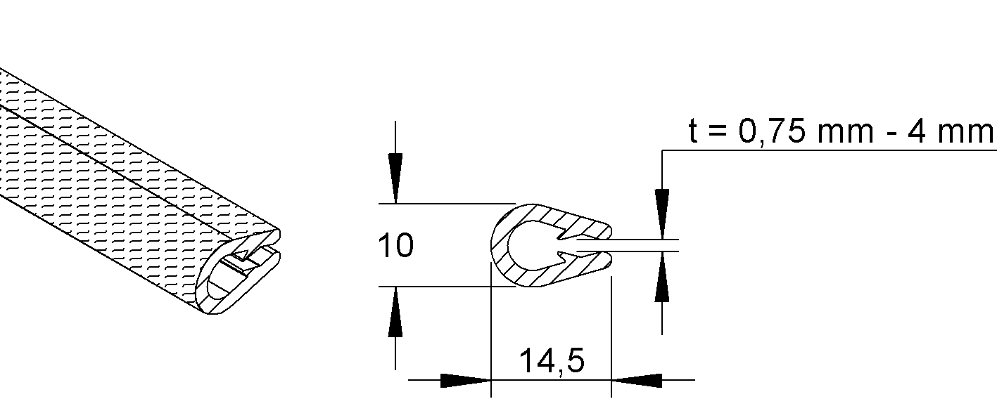 beschermstrip, voor plaatdikte van 0,75 - 4mm kunststof, pvc-zacht, kleur zwart