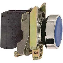 Schneider-Electric XB4, complete pulsdrukknop, vlakke lens, kleur Blauw, contact 1M, front rond, frontring chroom, schroefaansl.