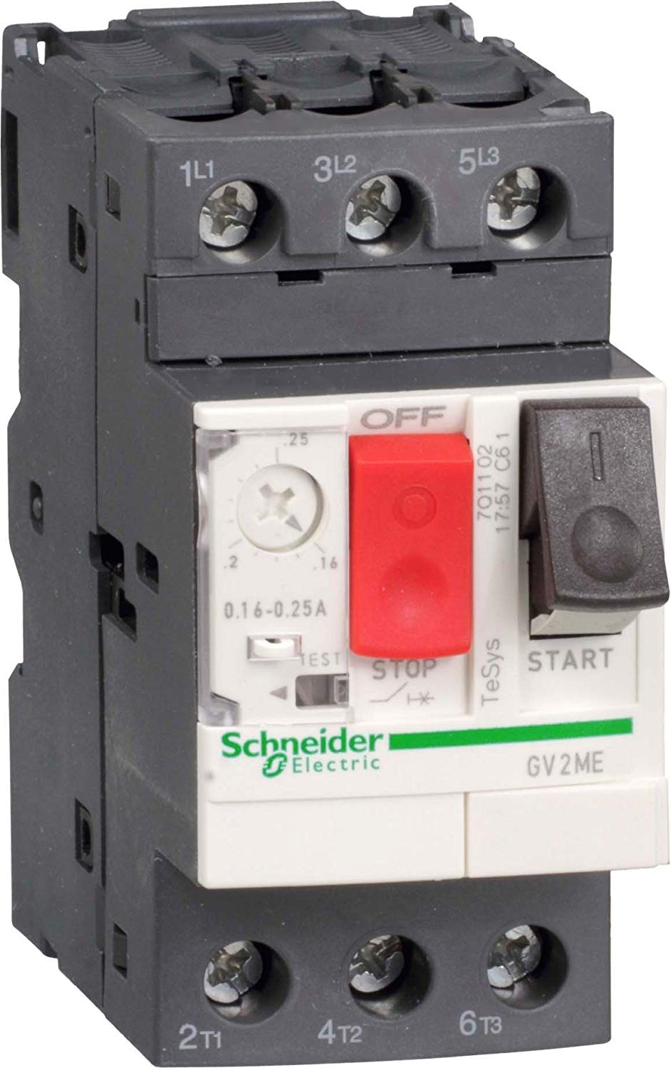 Schneider Tesys GV2 motorbeveiligingsschakelaar, thermomagnetisch, 3-polig, 2.2kW, 4A, 690V, 100kA, druktoets, grootverpakking 24 st