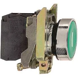 Schneider-Electric XB4, complete pulsdrukknop, vlakke lens, kleur Groen, contact 1M, front rond, frontring chroom, schroefaansl.