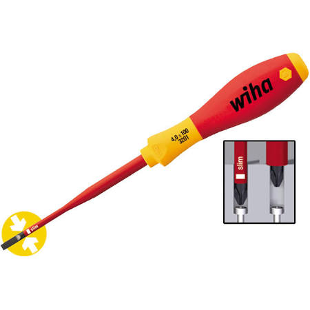 Wiha SoftFinish VDE slimFix platte schroevendraaier, 0,6x3,5mm, klinglengte 100mm, lengte 204mm, geïsoleerd 1000V, 2-component greep