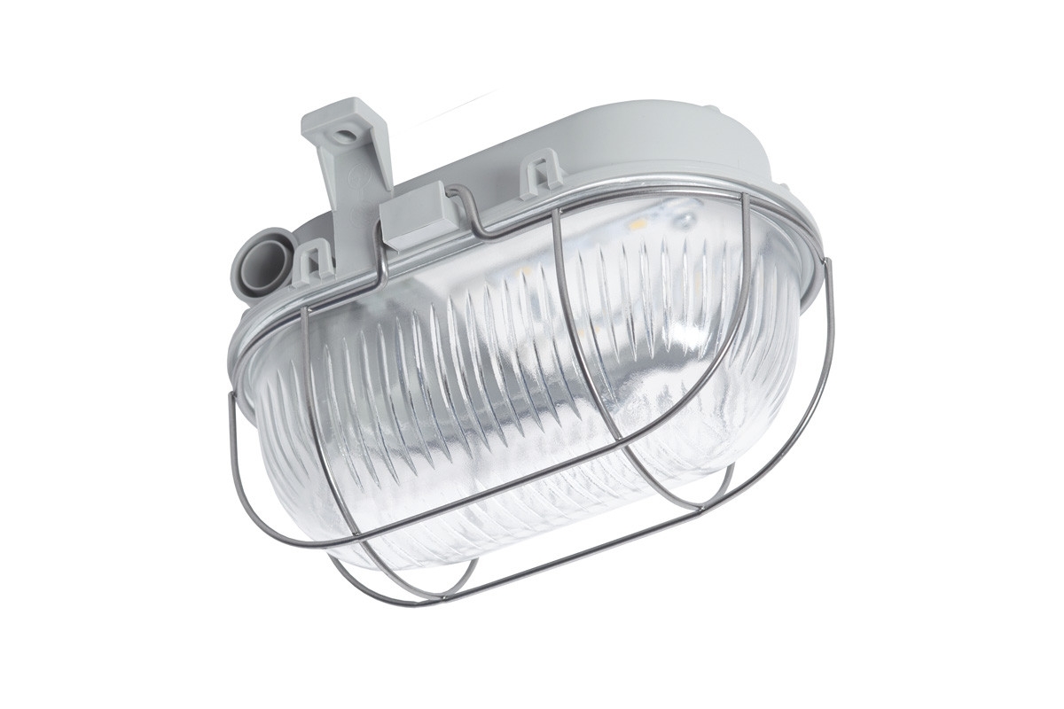 Rocalux Oval LED Bulleye lamp voorzien van zeer zuinige SMD leds en beschermkorf. 3W, kleurtemperatuur 3000K, Lumen 240, 125mm x 170mm, afscherming van glas, behuizing van plastic, kleur grijs IP40