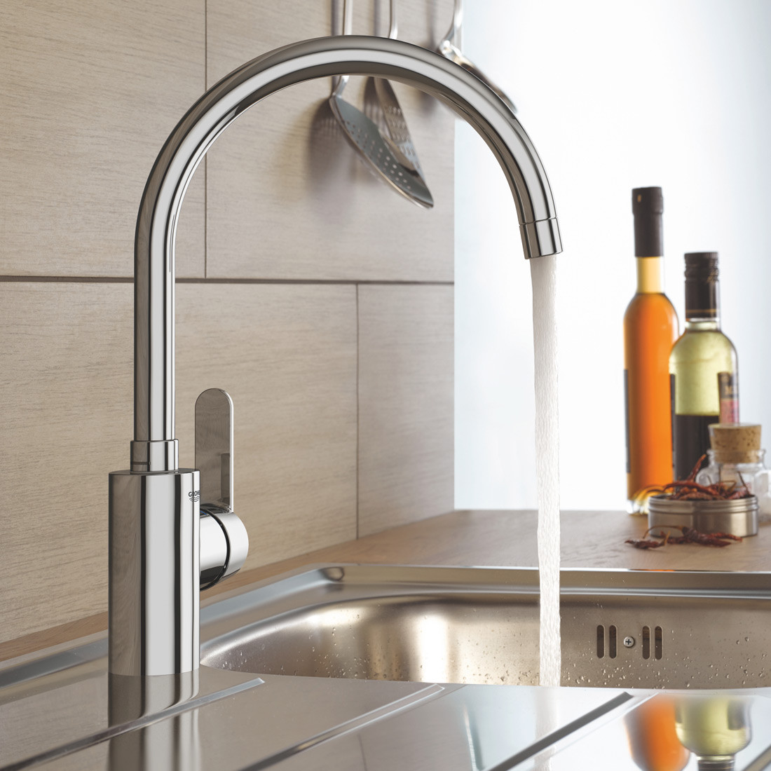 Grohe Get, Keukenmengkraan, blad/kraangat, eengreeps, 353mm hoogte, 224mm uitloop hoog, draaibaar, chroom