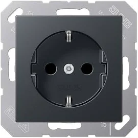 Jung A500 1-voudige wandcontactdoos met randaarde, slagvast, kinderbeveiliging, inbouw, thermoplast, steekklem, antraciet