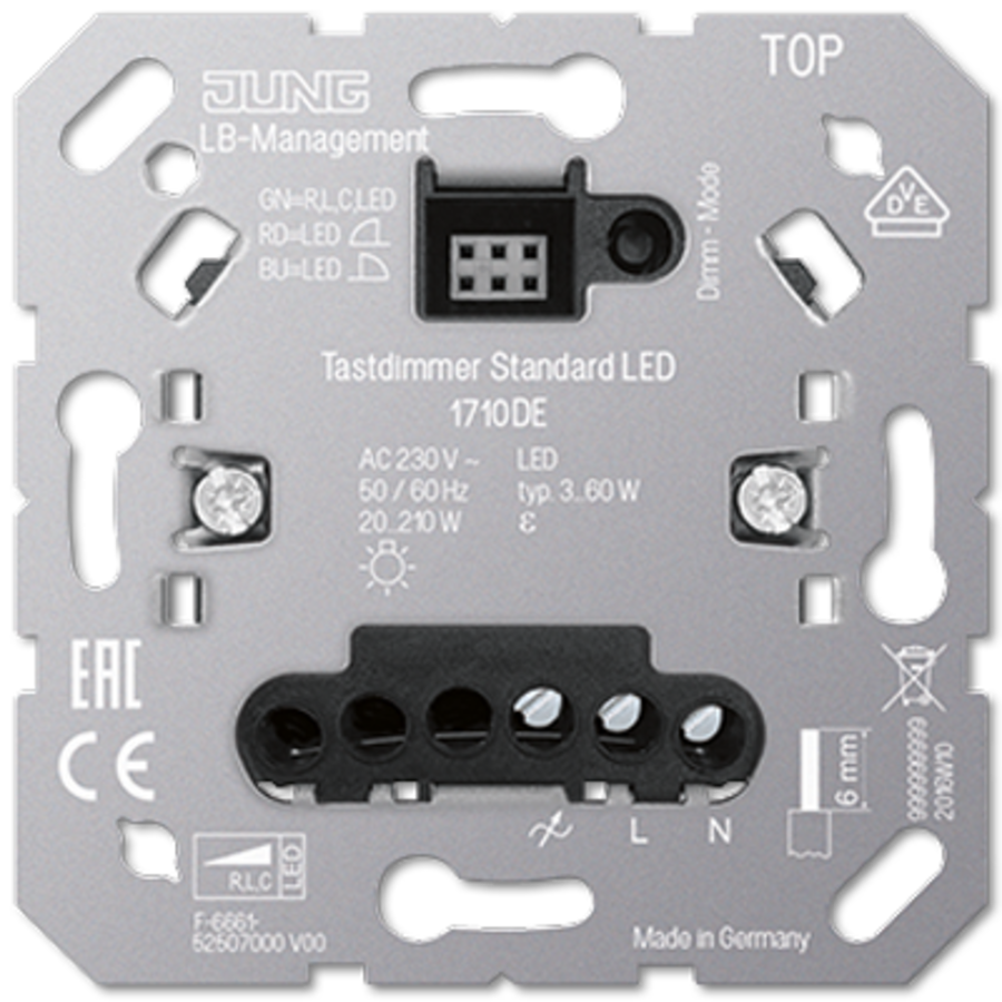 Jung dimmer druktoets, 20-210VA, inbouw, klauw-/schroef, schroefklem, halogeenvrij, IP20, aluminium