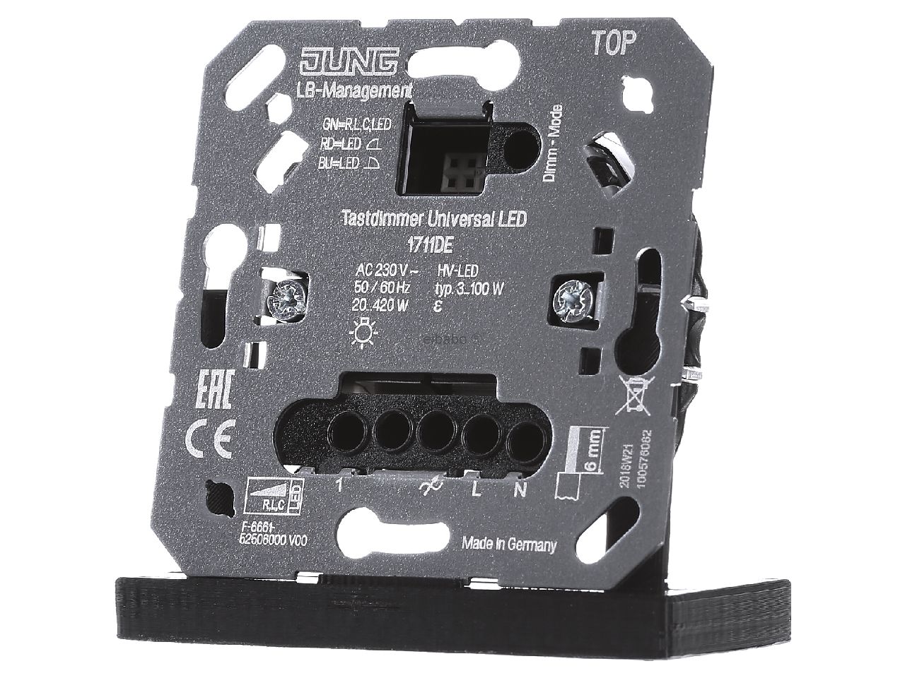 Jung dimmer druktoets, 20-420VA, inbouw, klauw-/schroef, schroefklem, halogeenvrij, IP20, aluminium