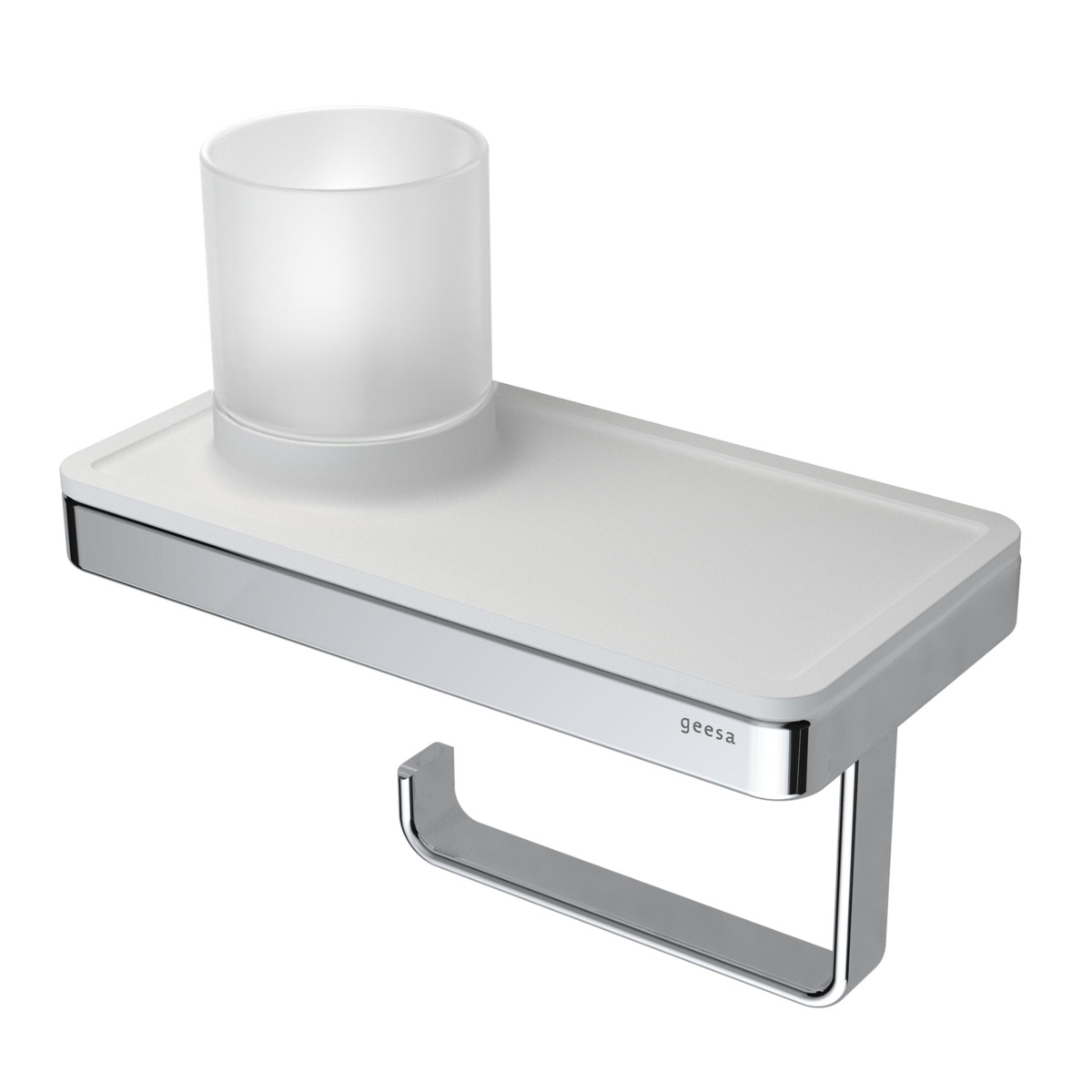 Geesa, Frame, Toiletrolhouder met wit planchet en (LED-licht-)houder, plat staf, verchroomd, messing, 210 x 180 x 108mm (LxHxD)