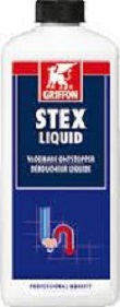 Griffon Stex Liquid vloeibare ontstopper. Veilig voor o.a. PVC, ABS, Acryl, keramiek, koper, RVS en chroom. Flacon a 1 liter.